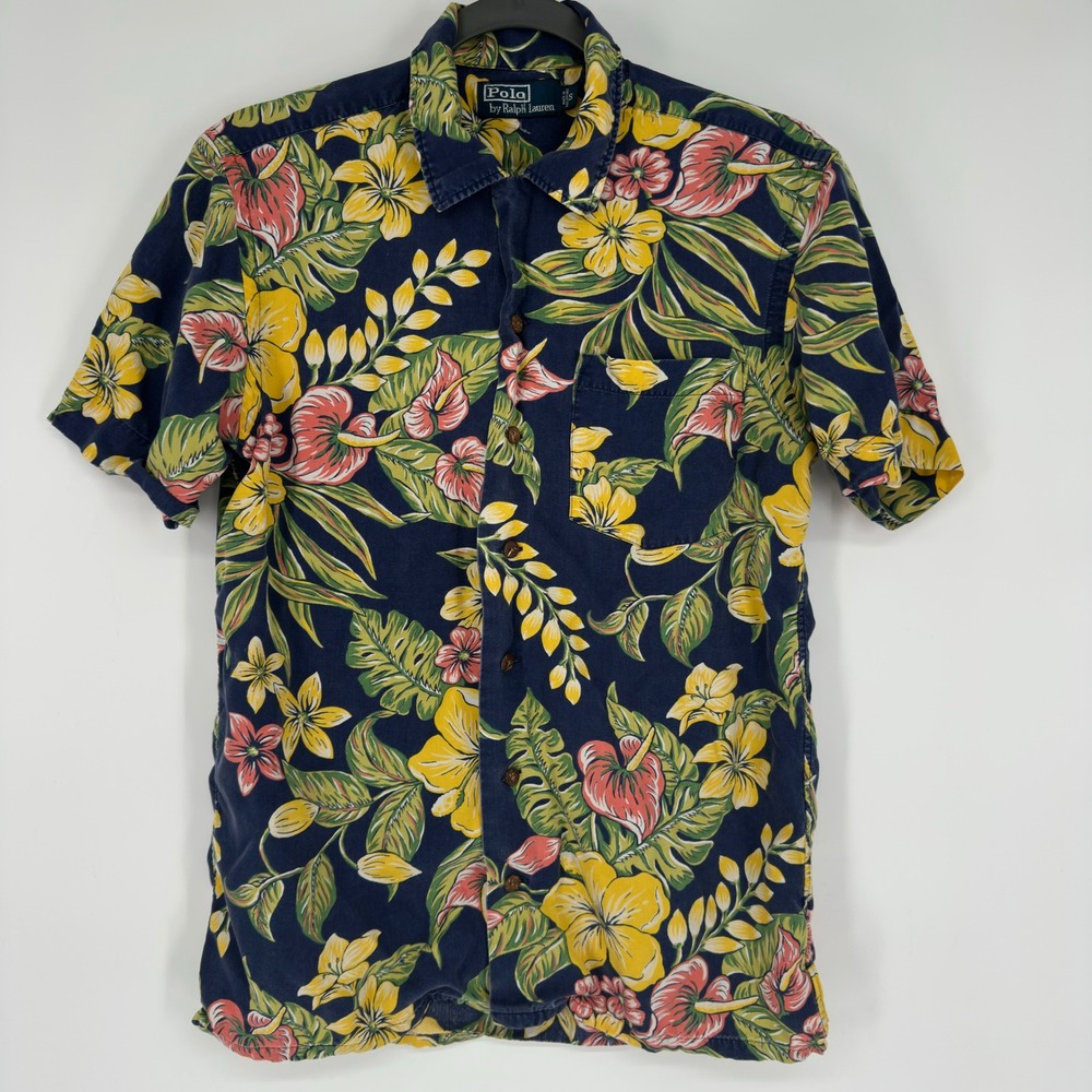 VTG Polo Ralph Lauren Mens S Navy Tropical Floral Viscose Button Up Shirt Hawaii